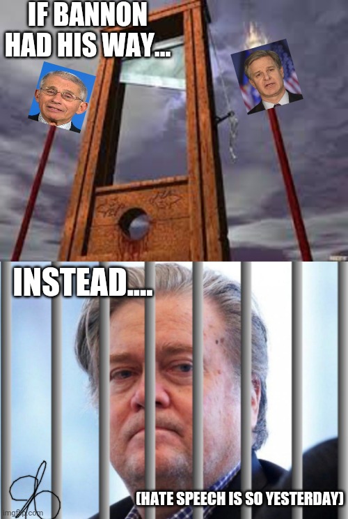 Bannon way | IF BANNON HAD HIS WAY... INSTEAD.... (HATE SPEECH IS SO YESTERDAY) | image tagged in guillotine,steve bannon,death,fbi director,whey | made w/ Imgflip meme maker