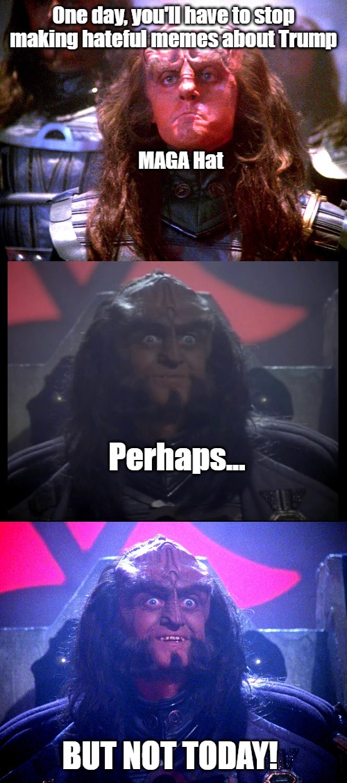 Gowron cares not for your feelings | One day, you'll have to stop making hateful memes about Trump; MAGA Hat; Perhaps... BUT NOT TODAY! | image tagged in gowron,donald trump,trump 2020,election 2020 | made w/ Imgflip meme maker