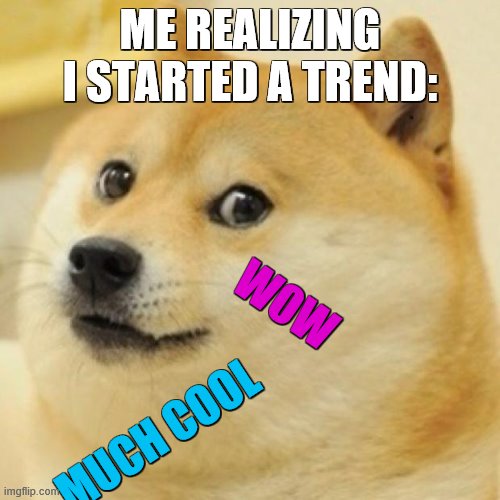 XDDDDDDD lol | ME REALIZING I STARTED A TREND:; WOW; MUCH COOL | image tagged in also,since yall couldnt guess my fears,im afraid of bees,and of being a disapointment,dont judge me | made w/ Imgflip meme maker
