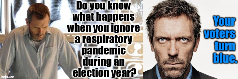 Voters Turn Blue | Do you know 
what happens 
when you ignore 
a respiratory 
pandemic 
during an 
election year? Your 
voters 
turn 
blue. | image tagged in house md has something to say | made w/ Imgflip meme maker