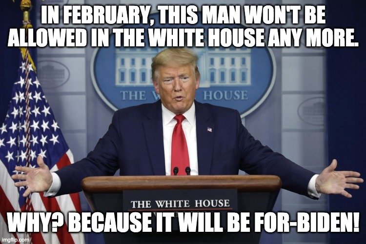 White House For-Biden | IN FEBRUARY, THIS MAN WON'T BE ALLOWED IN THE WHITE HOUSE ANY MORE. WHY? BECAUSE IT WILL BE FOR-BIDEN! | image tagged in trump white house | made w/ Imgflip meme maker