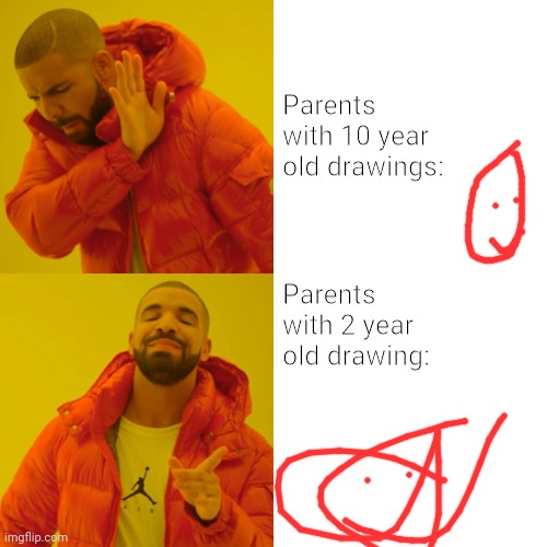 Drake Hotline Bling | Parents with 10 year old drawings:; Parents with 2 year old drawing: | image tagged in memes,drake hotline bling | made w/ Imgflip meme maker
