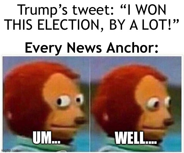 Monkey Puppet | Trump’s tweet: “I WON THIS ELECTION, BY A LOT!”; Every News Anchor:; UM... WELL.... | image tagged in memes,monkey puppet | made w/ Imgflip meme maker