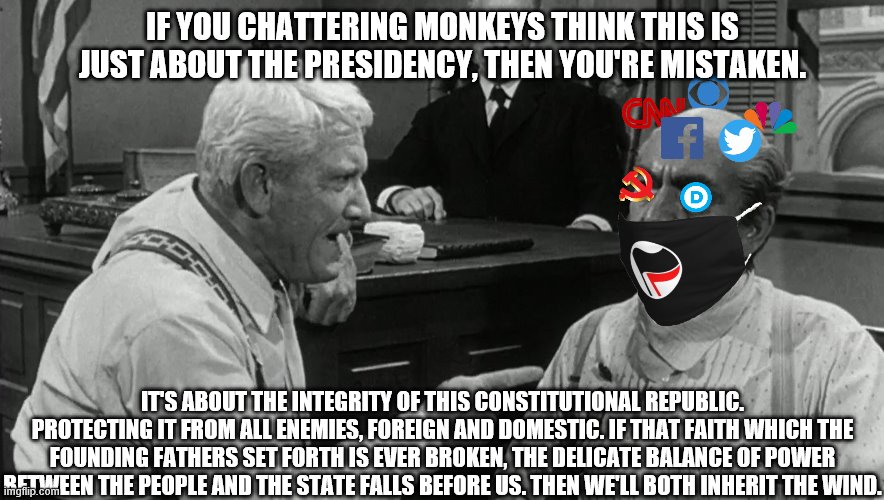 Read your Proverbs, Chapter 11 | IF YOU CHATTERING MONKEYS THINK THIS IS JUST ABOUT THE PRESIDENCY, THEN YOU'RE MISTAKEN. IT'S ABOUT THE INTEGRITY OF THIS CONSTITUTIONAL REPUBLIC. PROTECTING IT FROM ALL ENEMIES, FOREIGN AND DOMESTIC. IF THAT FAITH WHICH THE FOUNDING FATHERS SET FORTH IS EVER BROKEN, THE DELICATE BALANCE OF POWER BETWEEN THE PEOPLE AND THE STATE FALLS BEFORE US. THEN WE'LL BOTH INHERIT THE WIND. | image tagged in voter fraud,election 2020,politics,political meme,antifa | made w/ Imgflip meme maker