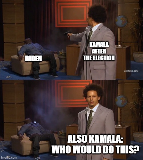 Who Killed Hannibal Meme | KAMALA AFTER THE ELECTION; BIDEN; ALSO KAMALA: WHO WOULD DO THIS? | image tagged in memes,who killed hannibal | made w/ Imgflip meme maker