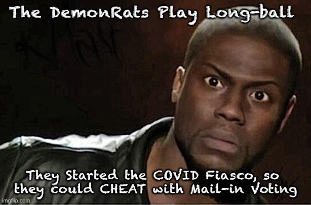 Made November 7, 2020. | The DemonRats Play Long-ball; They Started the COVID Fiasco, so 
they could CHEAT with Mail-in Voting | image tagged in memes,kevin hart | made w/ Imgflip meme maker