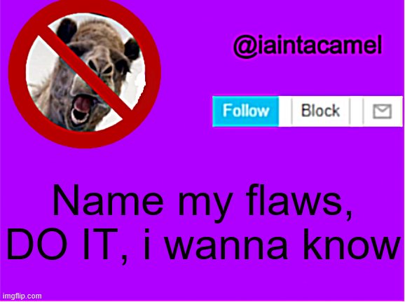DO IT PEEPS | Name my flaws, DO IT, i wanna know | image tagged in iaintacamel | made w/ Imgflip meme maker