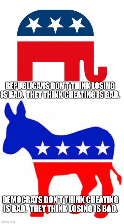 2020 election in a nutshell | REPUBLICANS DON’T THINK LOSING IS BAD.  THEY THINK CHEATING IS BAD. DEMOCRATS DON’T THINK CHEATING IS BAD.  THEY THINK LOSING IS BAD. | image tagged in republican,democrat donkey,election 2020,ouch | made w/ Imgflip meme maker
