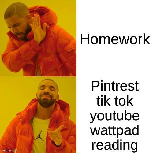 Drake Hotline Bling Meme | Homework; Pintrest
tik tok
youtube
wattpad
reading | image tagged in memes,drake hotline bling | made w/ Imgflip meme maker