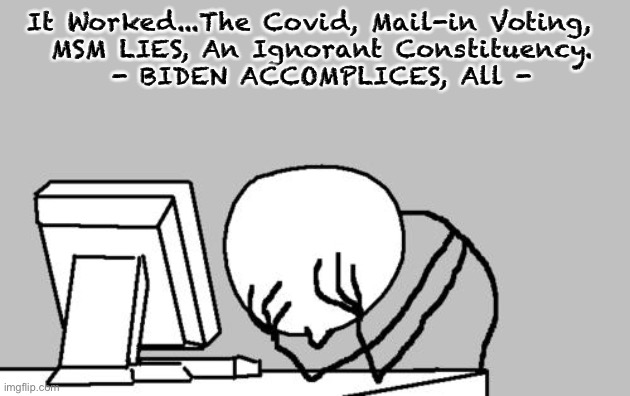 Computer Guy Facepalm | It Worked...The Covid, Mail-in Voting, 
 MSM LIES, An Ignorant Constituency.
 - BIDEN ACCOMPLICES, All - | image tagged in memes,computer guy facepalm | made w/ Imgflip meme maker