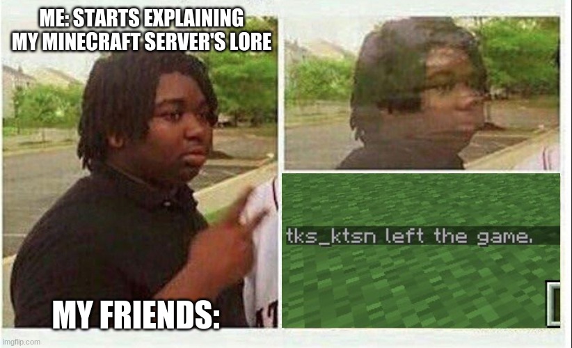 Black guy disappearing | ME: STARTS EXPLAINING MY MINECRAFT SERVER'S LORE MY FRIENDS: | image tagged in black guy disappearing | made w/ Imgflip meme maker