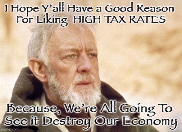 Obi Wan Kenobi | I Hope Y’all Have a Good Reason 
For Liking  HIGH TAX RATES; Because, We’re All Going To 
See it Destroy Our Economy | image tagged in memes,obi wan kenobi | made w/ Imgflip meme maker