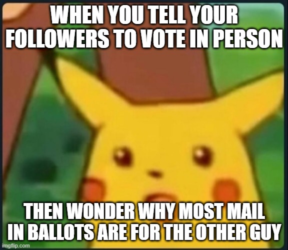 Surprised Pikachu | WHEN YOU TELL YOUR FOLLOWERS TO VOTE IN PERSON; THEN WONDER WHY MOST MAIL IN BALLOTS ARE FOR THE OTHER GUY | image tagged in surprised pikachu | made w/ Imgflip meme maker