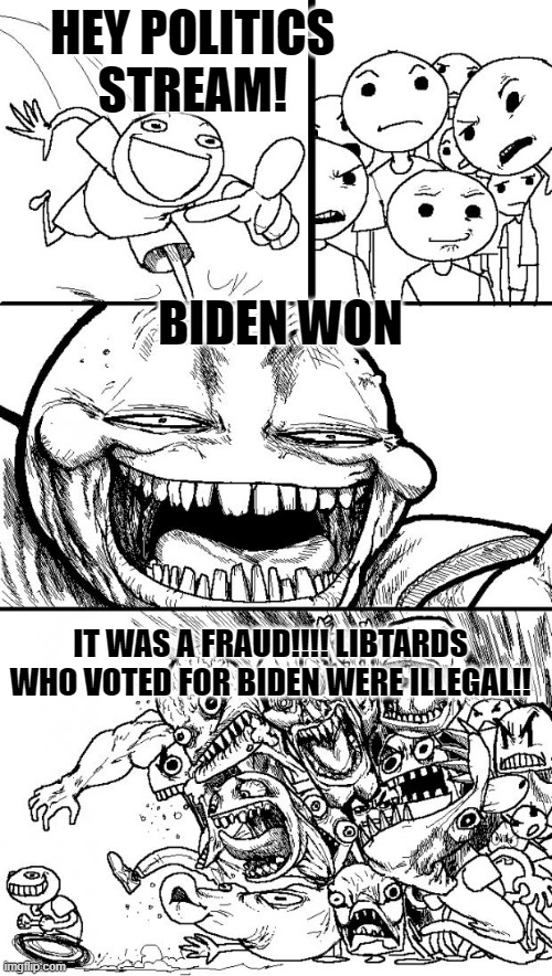 "ez dubs" - President Elect Joe Biden | HEY POLITICS STREAM! BIDEN WON; IT WAS A FRAUD!!!! LIBTARDS WHO VOTED FOR BIDEN WERE ILLEGAL!! | image tagged in memes,hey internet,funny,joe biden | made w/ Imgflip meme maker