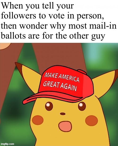 I do not know what explains this | When you tell your followers to vote in person, then wonder why most mail-in ballots are for the other guy | image tagged in maga surprised pikachu hq | made w/ Imgflip meme maker