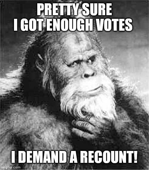 Elect Sasquatch! | PRETTY SURE I GOT ENOUGH VOTES; I DEMAND A RECOUNT! | image tagged in bigfoot,sasquatch,vote,upvote,funny,funny memes | made w/ Imgflip meme maker