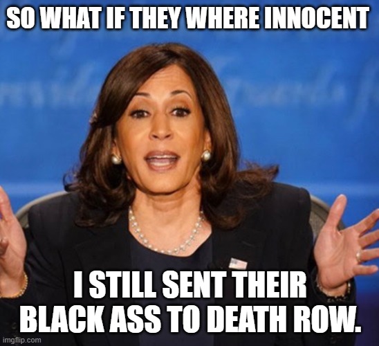 This Yo VP? | SO WHAT IF THEY WHERE INNOCENT; I STILL SENT THEIR BLACK ASS TO DEATH ROW. | image tagged in kamala harris | made w/ Imgflip meme maker