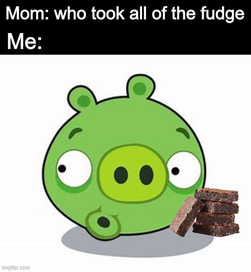 F U D G E | Mom: who took all of the fudge; Me: | image tagged in fudge,angry birds,pig,tag | made w/ Imgflip meme maker