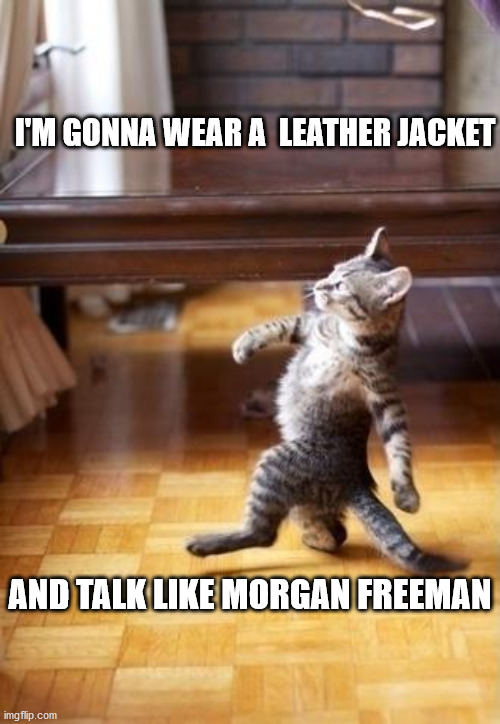 Cool Cat Stroll Meme | I'M GONNA WEAR A  LEATHER JACKET; AND TALK LIKE MORGAN FREEMAN | image tagged in memes,cool cat stroll | made w/ Imgflip meme maker