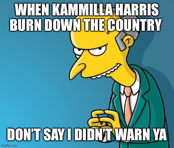 Mr. Burns | WHEN KAMMILLA HARRIS BURN DOWN THE COUNTRY; DON’T SAY I DIDN’T WARN YA | image tagged in mr burns,democratic socialism,democrats suck | made w/ Imgflip meme maker