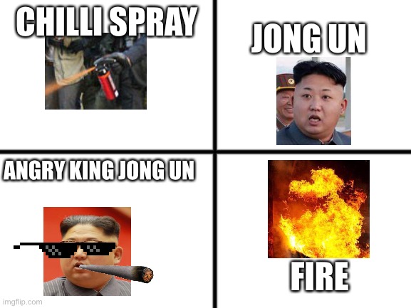 Most people’s worst ememies combined | JONG UN; CHILLI SPRAY; ANGRY KING JONG UN; FIRE | image tagged in funny,memes,king jong un | made w/ Imgflip meme maker