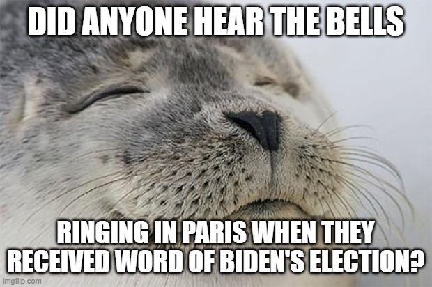 Google that. | DID ANYONE HEAR THE BELLS; RINGING IN PARIS WHEN THEY RECEIVED WORD OF BIDEN'S ELECTION? | image tagged in memes,satisfied seal,joe biden,election 2020,rejoice,world party | made w/ Imgflip meme maker