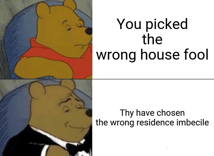 Tuxedo Winnie The Pooh Meme | You picked the wrong house fool; Thy have chosen the wrong residence imbecile | image tagged in memes,tuxedo winnie the pooh | made w/ Imgflip meme maker