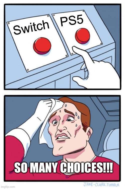 Two Buttons | PS5; Switch; SO MANY CHOICES!!! | image tagged in memes,two buttons | made w/ Imgflip meme maker