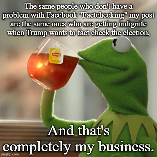 But That's None Of My Business | The same people who don't have a problem with Facebook "Factchecking" my post are the same ones who are getting indignite when Trump wants to fact check the election, And that's completely my business. | image tagged in memes,but that's none of my business,kermit the frog | made w/ Imgflip meme maker
