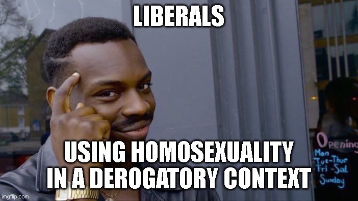 Roll Safe Think About It Meme | LIBERALS USING HOMOSEXUALITY IN A DEROGATORY CONTEXT | image tagged in memes,roll safe think about it | made w/ Imgflip meme maker