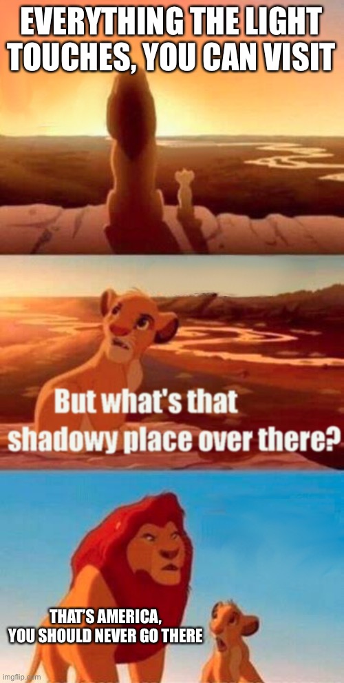 Lion king | EVERYTHING THE LIGHT TOUCHES, YOU CAN VISIT; THAT’S AMERICA, YOU SHOULD NEVER GO THERE | image tagged in memes,simba shadowy place | made w/ Imgflip meme maker