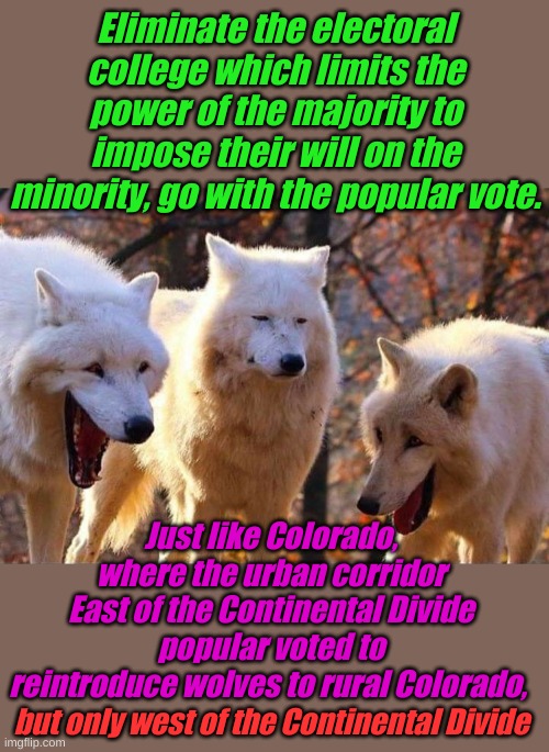 Why introduce a destructive force to your own community, when you can force it on someone else with a popular vote? | Eliminate the electoral college which limits the power of the majority to impose their will on the minority, go with the popular vote. Just like Colorado, where the urban corridor East of the Continental Divide popular voted to reintroduce wolves to rural Colorado, but only west of the Continental Divide | image tagged in laughing wolf | made w/ Imgflip meme maker