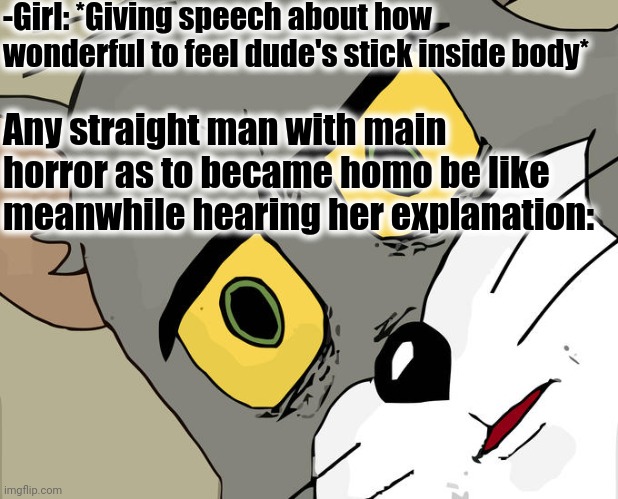 -Weird understanding. | -Girl: *Giving speech about how wonderful to feel dude's stick inside body*; Any straight man with main horror as to became homo be like meanwhile hearing her explanation: | image tagged in memes,unsettled tom,the dude,stick figure,inside out,trying to explain | made w/ Imgflip meme maker