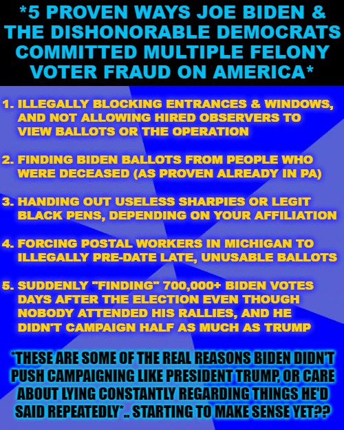 Biden His Time Till Prison | *5 PROVEN WAYS JOE BIDEN &
THE DISHONORABLE DEMOCRATS
COMMITTED MULTIPLE FELONY
VOTER FRAUD ON AMERICA*; 1. ILLEGALLY BLOCKING ENTRANCES & WINDOWS,
    AND NOT ALLOWING HIRED OBSERVERS TO
    VIEW BALLOTS OR THE OPERATION
 
2. FINDING BIDEN BALLOTS FROM PEOPLE WHO
    WERE DECEASED (AS PROVEN ALREADY IN PA)
 
3. HANDING OUT USELESS SHARPIES OR LEGIT
    BLACK PENS, DEPENDING ON YOUR AFFILIATION
 
4. FORCING POSTAL WORKERS IN MICHIGAN TO
    ILLEGALLY PRE-DATE LATE, UNUSABLE BALLOTS
 
5. SUDDENLY "FINDING" 700,000+ BIDEN VOTES
    DAYS AFTER THE ELECTION EVEN THOUGH
    NOBODY ATTENDED HIS RALLIES, AND HE
    DIDN'T CAMPAIGN HALF AS MUCH AS TRUMP; *THESE ARE SOME OF THE REAL REASONS BIDEN DIDN'T
PUSH CAMPAIGNING LIKE PRESIDENT TRUMP, OR CARE
ABOUT LYING CONSTANTLY REGARDING THINGS HE'D
SAID REPEATEDLY*.. STARTING TO MAKE SENSE YET?? | image tagged in creepy joe biden,biden obama,sad joe biden,trump 2020,president trump | made w/ Imgflip meme maker