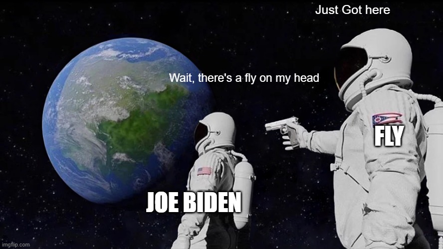 Always Has Been | Just Got here; Wait, there's a fly on my head; FLY; JOE BIDEN | image tagged in memes,always has been | made w/ Imgflip meme maker