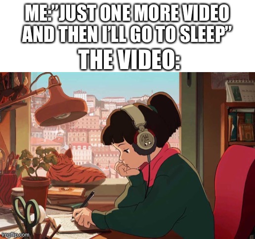 ME:”JUST ONE MORE VIDEO AND THEN I’LL GO TO SLEEP”; THE VIDEO: | image tagged in blank white template,memes,funny,video,stop reading the tags | made w/ Imgflip meme maker