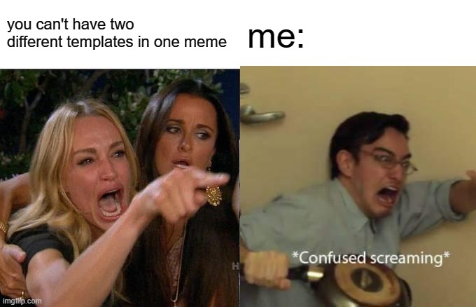 e | you can't have two different templates in one meme; me: | image tagged in funny | made w/ Imgflip meme maker