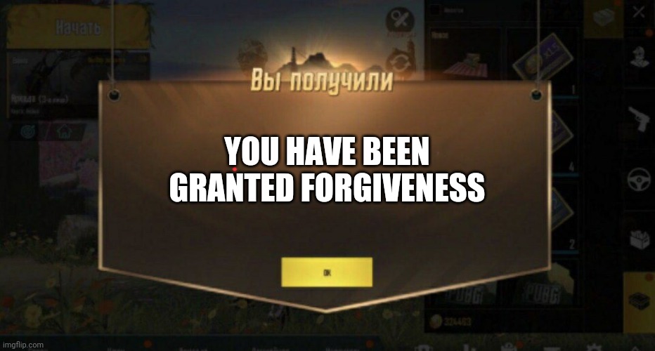 You Have Been Granted | YOU HAVE BEEN GRANTED FORGIVENESS | image tagged in you have been granted | made w/ Imgflip meme maker