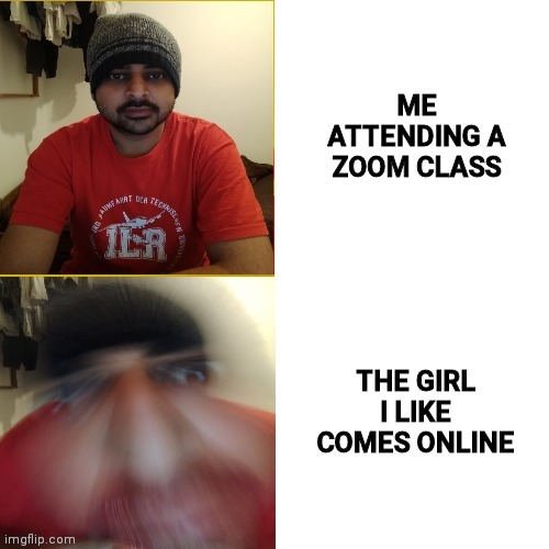 Zoom in | ME ATTENDING A ZOOM CLASS; THE GIRL I LIKE COMES ONLINE | image tagged in funny | made w/ Imgflip meme maker