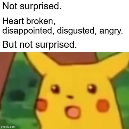 Surprised Pikachu Meme | Not surprised. Heart broken, disappointed, disgusted, angry. But not surprised. | image tagged in memes,surprised pikachu | made w/ Imgflip meme maker