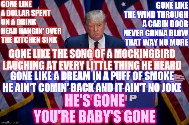 Just For The Lying Vulgar Trolls | GONE LIKE A DOLLAR SPENT ON A DRINK
HEAD HANGIN' OVER THE KITCHEN SINK; GONE LIKE THE WIND THROUGH A CABIN DOOR
NEVER GONNA BLOW THAT WAY NO MORE; GONE LIKE THE SONG OF A MOCKINGBIRD
LAUGHING AT EVERY LITTLE THING HE HEARD; GONE LIKE A DREAM IN A PUFF OF SMOKE
HE AIN'T COMIN' BACK AND IT AIN'T NO JOKE; HE'S GONE
YOU'RE BABY'S GONE | image tagged in donald trump,memes,trump unfit unqualified dangerous,liar in chief,lock him up,trump lies | made w/ Imgflip meme maker