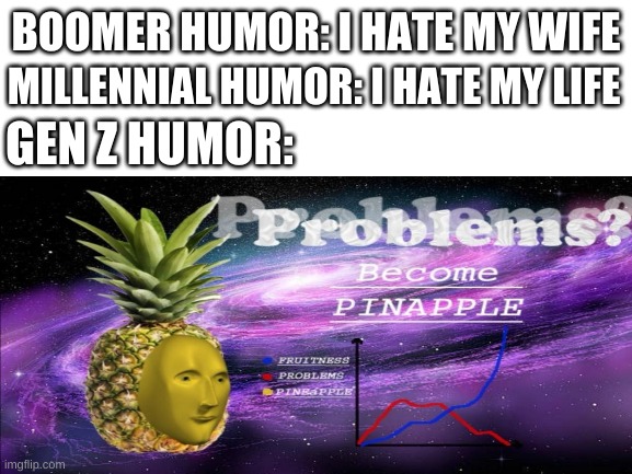 BOOMER HUMOR: I HATE MY WIFE; MILLENNIAL HUMOR: I HATE MY LIFE; GEN Z HUMOR: | image tagged in pineapple,gen z | made w/ Imgflip meme maker