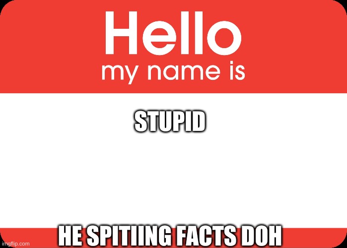 Hello My Name Is | STUPID; HE SPITIING FACTS DOH | image tagged in hello my name is | made w/ Imgflip meme maker