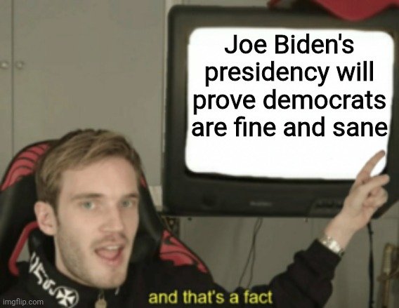 Seriously. Joe Biden's presidency will prove your conspiracies to be false. | Joe Biden's presidency will prove democrats are fine and sane | image tagged in donald trump,trump,biden,joe biden,politics,democrats | made w/ Imgflip meme maker