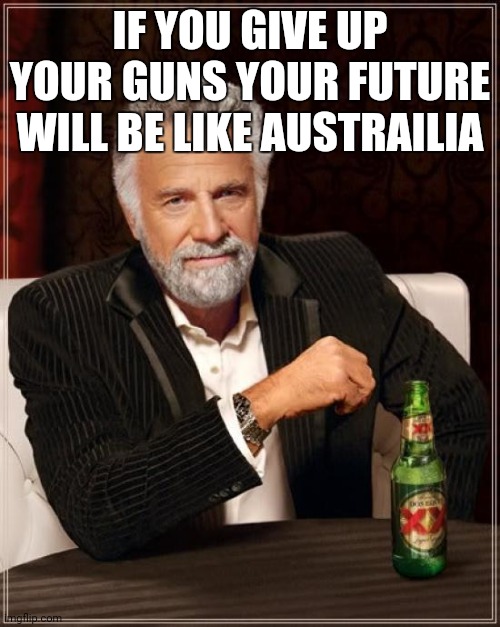 The Most Interesting Man In The World | IF YOU GIVE UP YOUR GUNS YOUR FUTURE WILL BE LIKE AUSTRAILIA | image tagged in memes,the most interesting man in the world | made w/ Imgflip meme maker