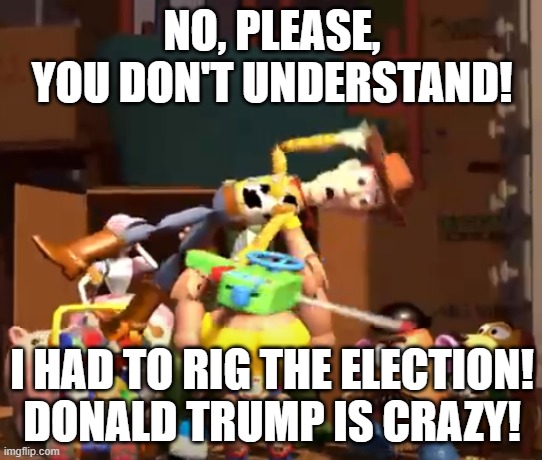 No, please, you don't understand! | NO, PLEASE, YOU DON'T UNDERSTAND! I HAD TO RIG THE ELECTION!
DONALD TRUMP IS CRAZY! | image tagged in no please you don't understand | made w/ Imgflip meme maker