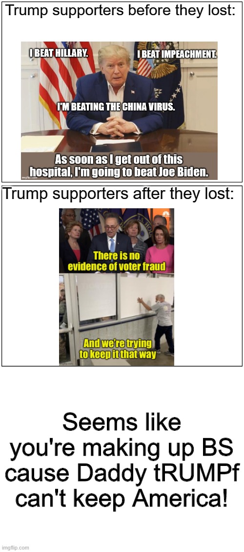 Blank Comic Panel 1x2 | Trump supporters before they lost:; Trump supporters after they lost:; Seems like you're making up BS cause Daddy tRUMPf can't keep America! | image tagged in memes,blank comic panel 1x2 | made w/ Imgflip meme maker