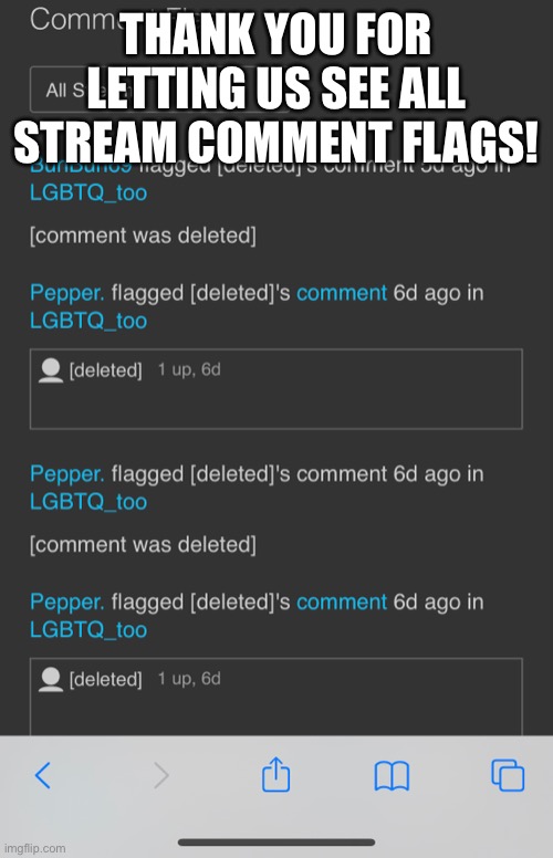 THANK YOU FOR LETTING US SEE ALL STREAM COMMENT FLAGS! | made w/ Imgflip meme maker