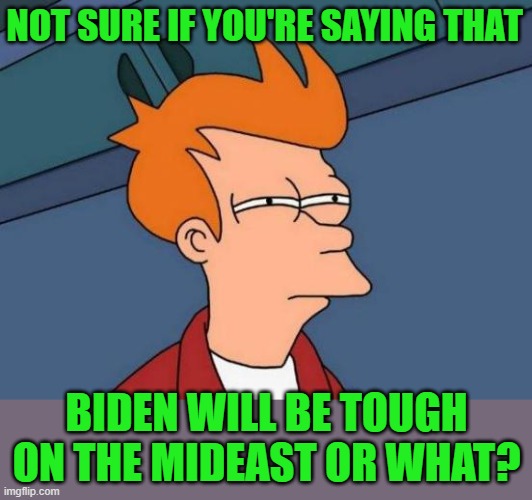 Futurama Fry Meme | NOT SURE IF YOU'RE SAYING THAT BIDEN WILL BE TOUGH ON THE MIDEAST OR WHAT? | image tagged in memes,futurama fry | made w/ Imgflip meme maker