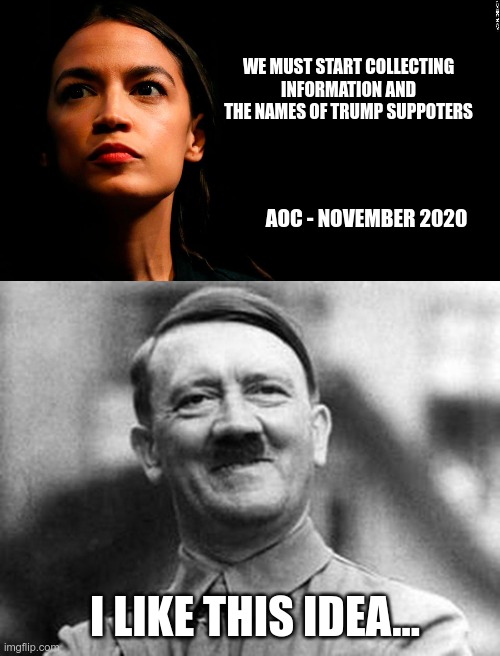 In Today's News | WE MUST START COLLECTING INFORMATION AND THE NAMES OF TRUMP SUPPOTERS; AOC - NOVEMBER 2020; I LIKE THIS IDEA... | image tagged in ocasio-cortez super genius,smile hitler,election 2020 | made w/ Imgflip meme maker
